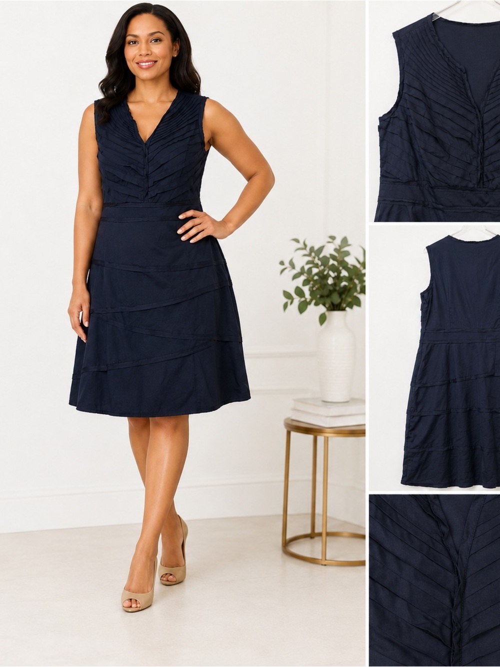 Alfani Woman Black Sleeveless Tiered Dress Pleated V-Neck Cotton Blend Size 16W